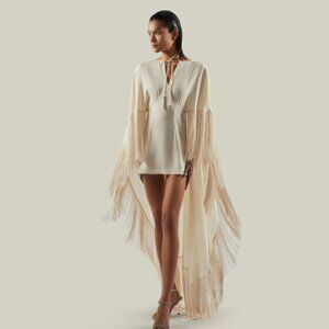 Taller Marmo Cape Fringe Trim Mini Dress